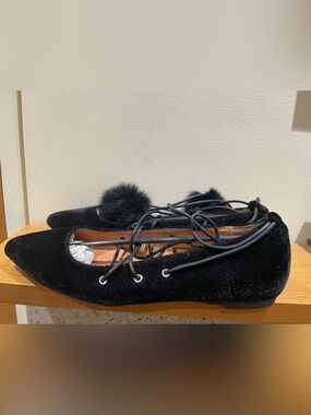 Velour ballerina flats with pompom ties Size 9